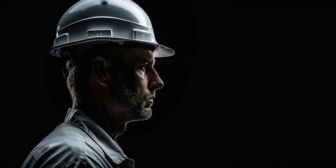 Side profile of a construction worker in hard hat