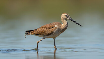 A brown bird with Long beak walking in water.