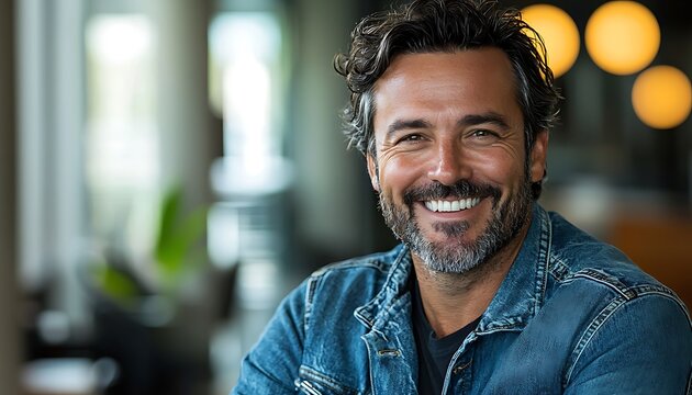 A portrait of a happy man in his 40s, wearing a rugged denim jacket, smiling against the sleek backdrop of a corporate office. - Powered by Adobe