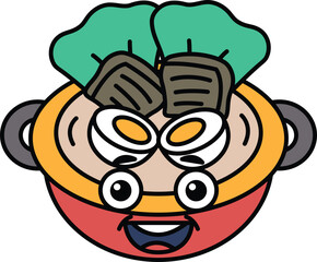 A cartoon face with a smiling mouth and eyes and a bowl of food with a green leaf on top