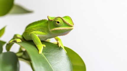 Vibrant Green Chameleon on Lush Leaf
