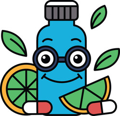 A cartoon character with glasses and a smile is holding a blue bottle