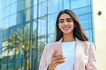 Smiling young middle eastern Israel businesswoman using smartphone mobile phone online app for work at office building. Successful indian or arabic woman in business suit holding cellphone.