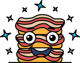 A cartoon character made of bacon is smiling and surrounded by stars