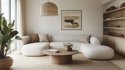 Modern minimalist living room with natural textures and neutral tones