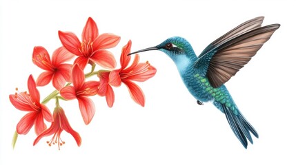Obraz premium Vibrant Hummingbird Hovering Near Red Blossoms