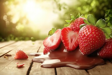 Fresh Red Strawberries Dipped in Rich Chocolate on a Wooden Surface with Natural Light and Lush Greenery in the Background