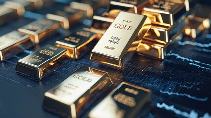 Gold bars stockpiled in a modern vault business finance concept high-tech environment close-up view