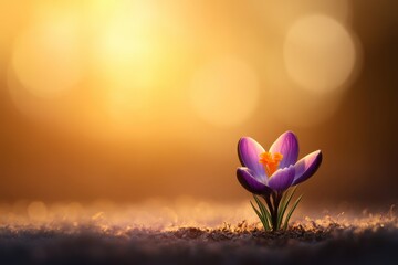 Purple crocus flower blooming at sunrise with golden light