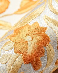 Intricate metallic thread embroidery patterns elegant textile art macro shot artistic mood shimmering surfaces