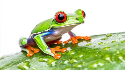 Obraz premium Vibrant Red Eyed Tree Frog On Dewy Green Leaf