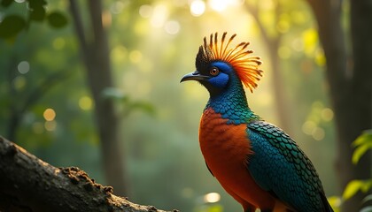 Himalayan Monal Pheasant bird with brilliant plumage perched on a branch in a forest
