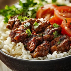 Close-up of a rice bowl with Turkish kebab and rice. Featuring a savory and spiced dish. Highlighting the texture and flavors of the kebab. Ideal for food and cultural themes.