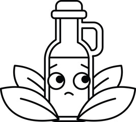 A cartoonish bottle of oil is sitting on a leafy background