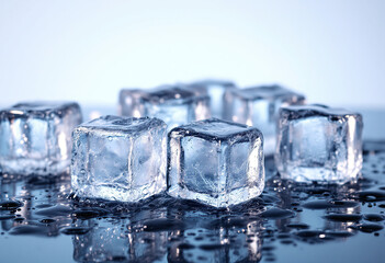 Melting Ice cubes with water drops on a table. Clear ice  in cube shape. Frozen water. Ice maker. Fake or Artificial acrylic or plastic ice cubes.  White light blue background.