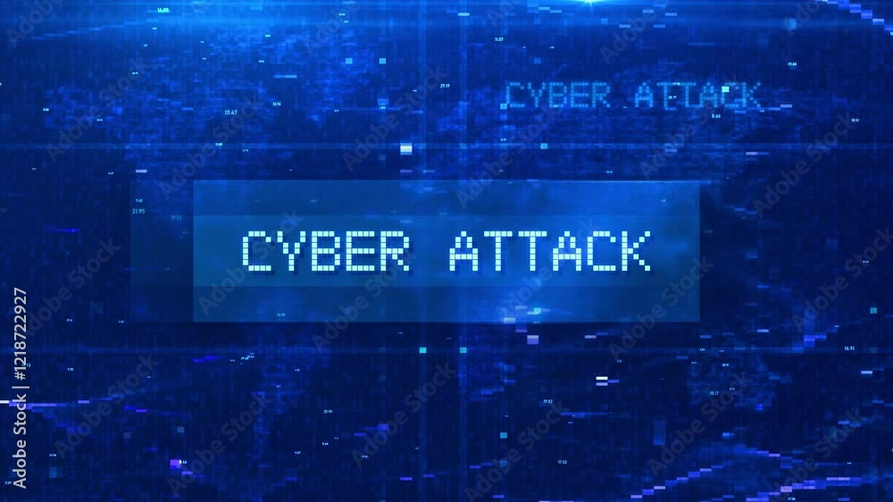 Wall mural cyber attack digital text animation over futuristic world map and hud effects