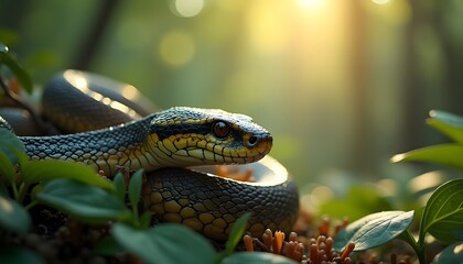 Obraz premium A captivating close-up of a snake in its natural habitat bathed in golden sunlight