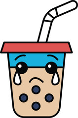 A cartoon cup with a straw in it is crying