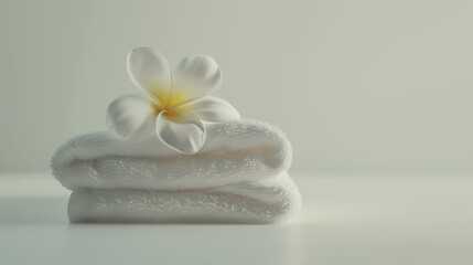 A minimalist image of a perfectly folded white towel with a flower on top, representing hotel room service, set against a clean white backdrop. 8k UHD, suitable for high-quality printing or 