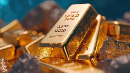 Gold bars displayed on ice financial market product photography studio environment close-up view wealth concept