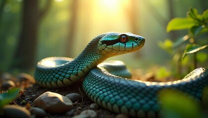 Fototapeta premium A Vibrant Green Snake in its Natural Habitat with Sunlight Filtering Through Trees