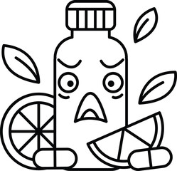 A cartoon character is surrounded by a bottle of medicine and a slice of orange