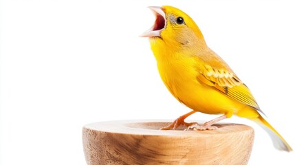 Vibrant Yellow Bird Singing on Wooden Bowl