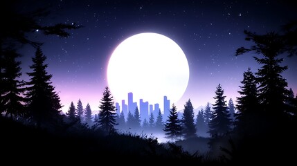 Naklejka premium Pixel Art City Skyline at Night, Moonlit Forest Landscape