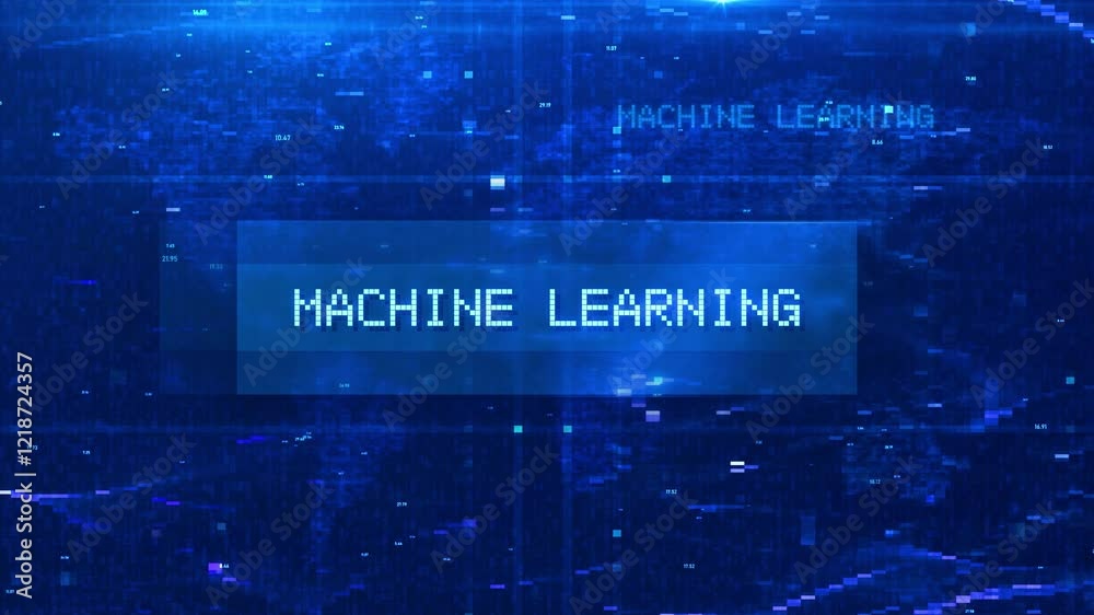 Wall mural machine learning digital text animation over futuristic world map and hud effects