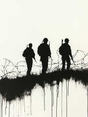 Silhouettes of soldiers at the front seen from behind, war scenes. Generative Ai