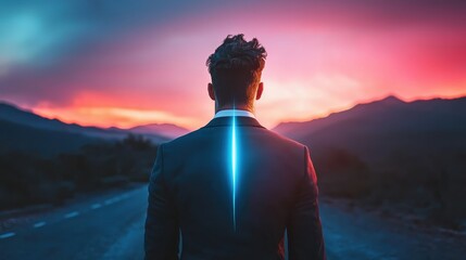 Obraz premium Futuristic businessman posing on deserted road at sunset digital art twilight isolation ambition