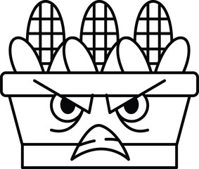 A cartoonish face with a frowning expression and a pot with corn