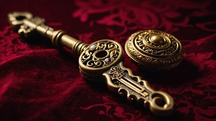 A vintage golden key with elaborate decorations and timeless charm lies on a rich crimson velvet background. This sophisticated key represents elegance and mystery.