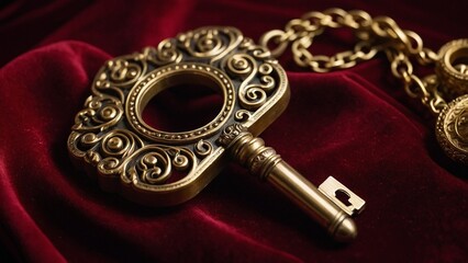 A vintage golden key with elaborate decorations and timeless charm lies on a rich crimson velvet background. This sophisticated key represents elegance and mystery.