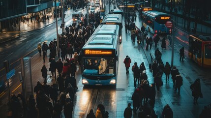 Fototapeta premium A busy city street with people waiting at a bus stop during twilight hours on a rainy day