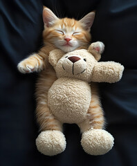 Fototapeta premium A kitten sleeping on top of a stuffed bear, completely sprawled out.