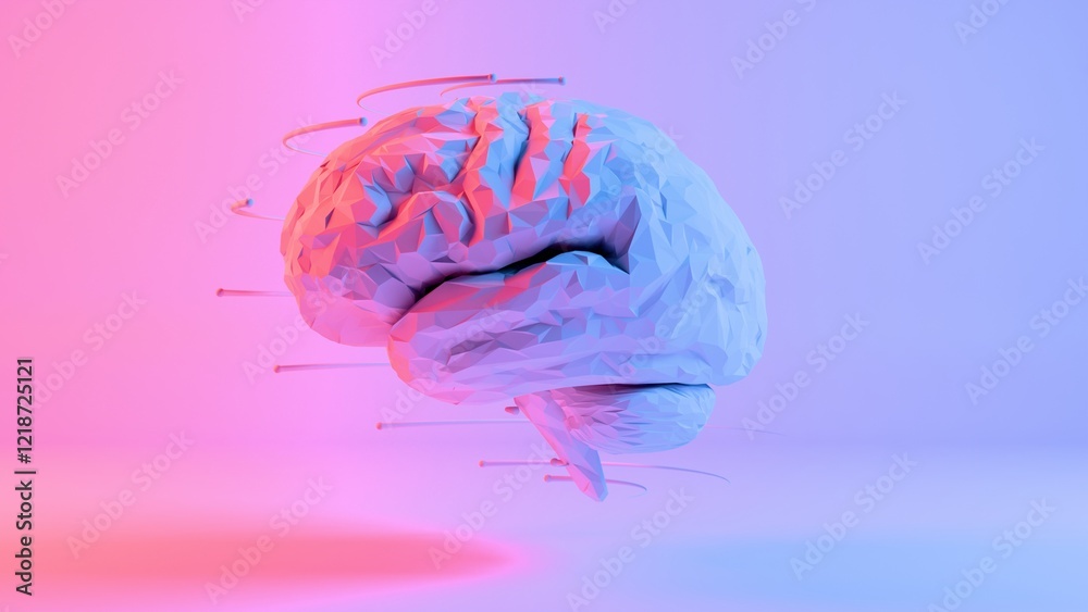 Poster low-poly abstract brain in neon gradient light
