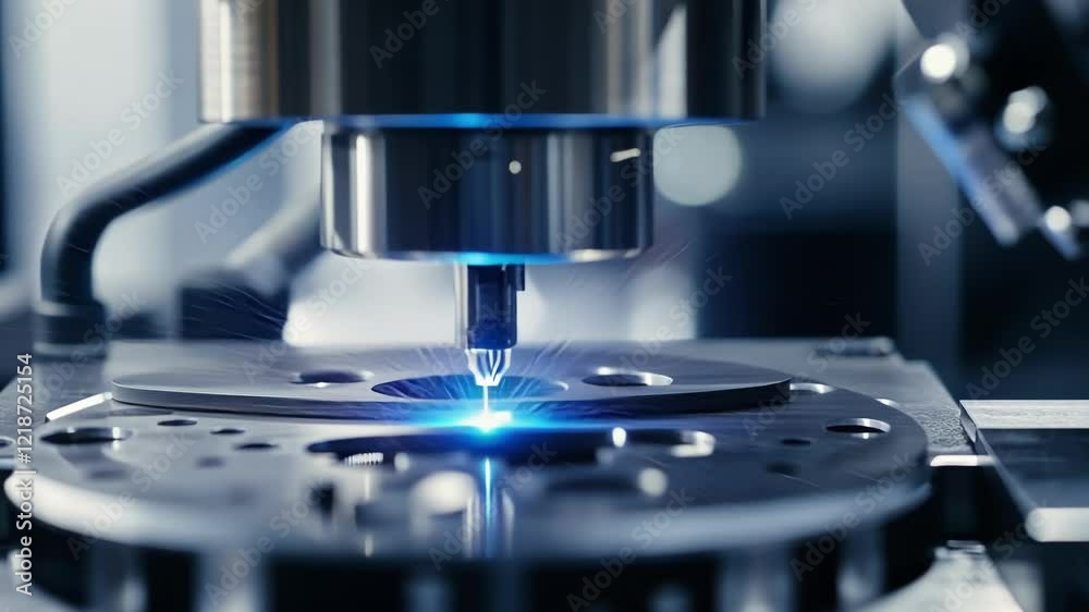 Poster automated cnc milling machine creating a metal detail while generating sparks in a modern factory, s