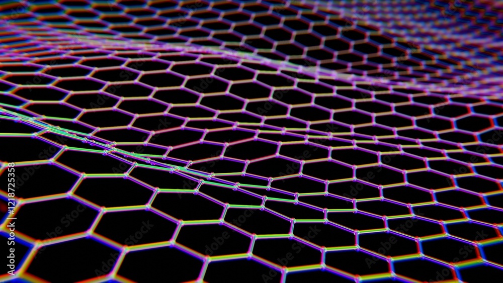 Poster Vibrant Hexagonal Mesh with Rainbow Glitch Effect on Black Background..