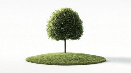 Lush Green Tree on Simple Grass Platform Against White Background