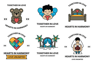 Fototapeta premium set of illustrations in the concept of Love and Valentines in line drawing style