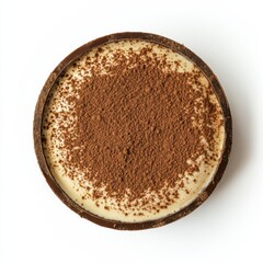 A creamy tiramisu dessert dusted with cocoa powder, isolated white background, realistic art style
