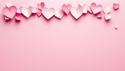 Delicate paper hearts in soft pink and red hues placed artistically on a gentle pastel backdrop for a classic look