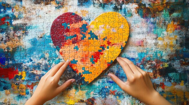 A colorful heart-shaped puzzle being assembled on a vibrant, artistic background.