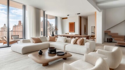 Fototapeta premium A Minimalist, Light-Filled Apartment Overlooking A City Skyline. Neutral Tones, Plush Furniture, And Sleek Design Elements Create A Serene Atmosphere.