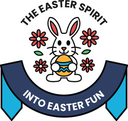 A rabbit holding an Easter egg with flowers in the background