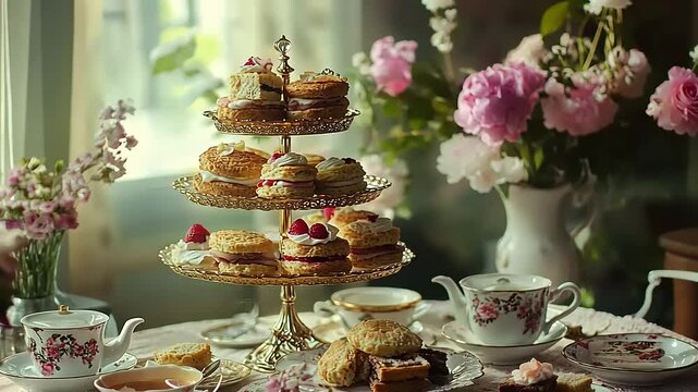 Elegant afternoon tea setup featuring a tiered cake stand with pastries, floral arrangements, and tea