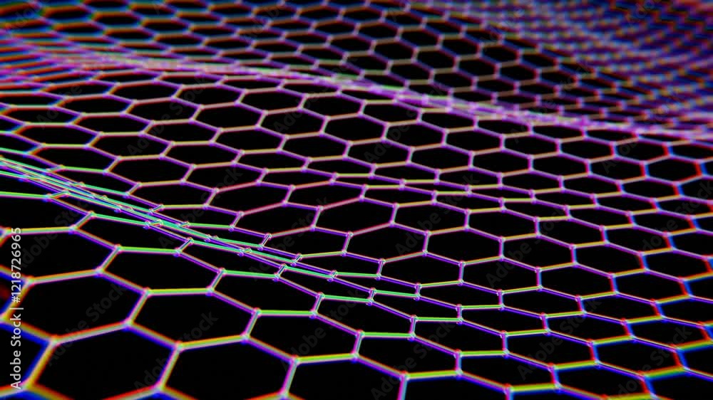 Poster Vibrant Hexagonal Mesh with Rainbow Glitch Effect on Black Background..