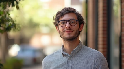 Obraz premium Close up portrait of a man with glasses smiling with a blurred street background