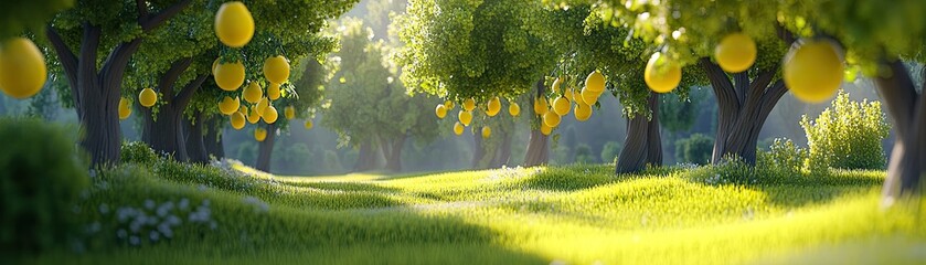 Sunny lemon orchard path, idyllic landscape, background trees, nature scene, website banner